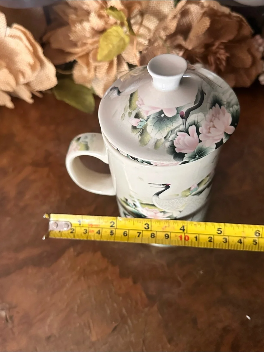 World Market Porcelain Crane & Lotus Lidded Tea Mug Cream Pink Green